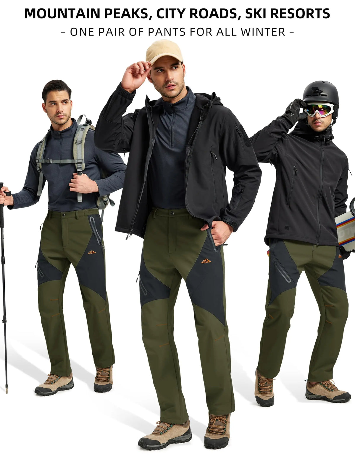 Men's Waterproof Insulated Snow Pants Winter Work Trousers Fleece Lined Windproof Outdoor Pants with 4 Zipper Pockets