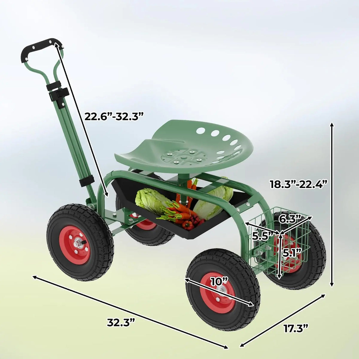 Tacleekii Garden Cart Sturdy Metal Utility Wagon Garden Rolling Stool with Wheels, Outdoor Garden Cart with Seat on Wheels Gardening Cart with Tool Tray, & Steering Handle, for Easy Planting and Yard Work