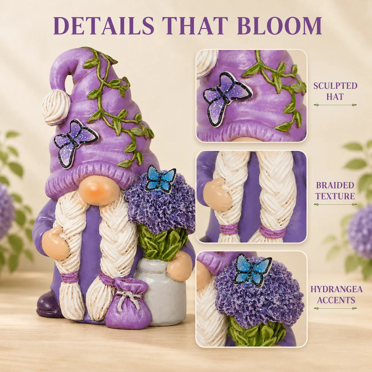 Hodao Lavender Dream Hydrangea Gnome Collectible Figurine, Resin Swedish Tomte Elf Dwarf with Braided White Hair, Butterfly Accents, Vine Hat and Potted Flowers, Spring Summer Garden Tabletop Decor for Shelf Mantel Desk Indoo