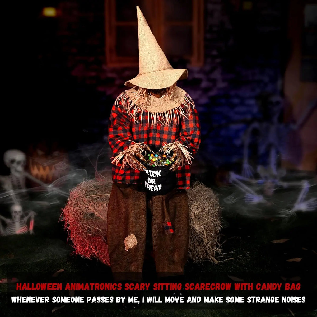 55'' Scary Halloween Animatronic Sitting Scarecrow with Candy Bag, Sound & Motion Activated Jumpscare Prop, Lighted Eyes, Creepy Sounds, Outdoor Haunted House Decoration