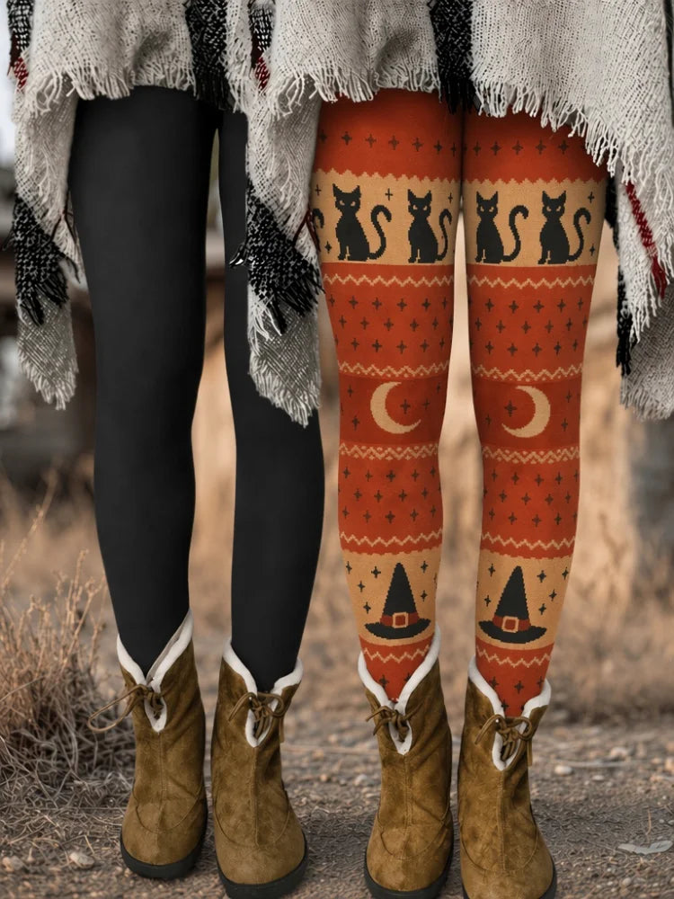 Women's Halloween Brushed Leggings with High-Waist Elastic Design for Softness. Featuring an Orange and Black Witch Hat and Moonlight Patchwork Print. Ideal for Daily Casual Wear or Festive Occasions.