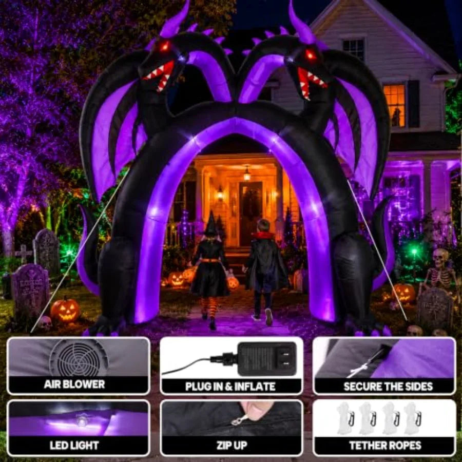 Halloween inflatable dragon archway for outdoor use, PVC material, black and red, double-headed walk-through design with built-