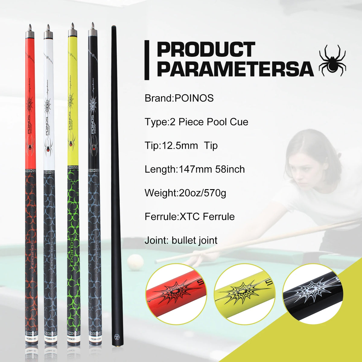 POINOS-R Series Carbon Fiber Pool Cue, 12.5mm Multi-layer Tip with Bullet Joint, Solid Wood Butt with Anti-Slip and Sweat Absorbing Grip, XTC Ferrule, Professional Pool Cue Sticks