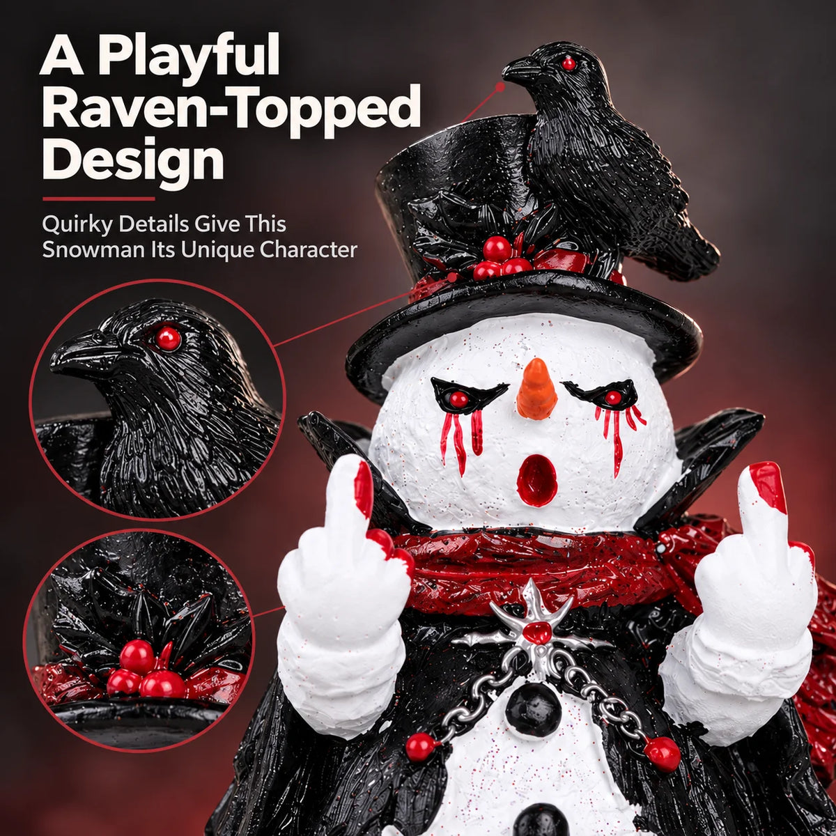 Hodao Gothic Christmas Snowman Figurine, Cute Funny Resin Statue with Black Raven, Top Hat Red Scarf and Cloak, Collectible Halloween Tabletop Decor for Shelf Mantel Office Desk Entryway Bedroom, Winter Holiday Party Display,