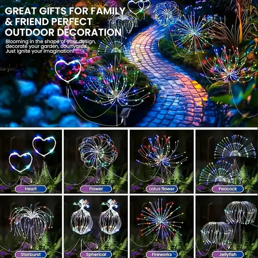Set of 8 Solar-Powered LED Firework Garden Lights, 8 Lighting Modes, IP65 Rated, Ideal for Patios, Sidewalks, Camping, Parties, Weddings, Halloween, And Gatherings | Spectacular Display Lights | Durable Solar Lights | Summer