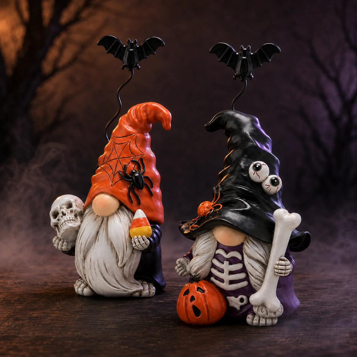 Hodao Resin Halloween Gnome Figurine Set, 2-Piece Pumpkin and Witch Gnome Decor with Spring-Loaded Flying Bat Topper, Skeleton Chest, Skull, Pumpkin and Candy Corn Details,Cute Creepy Hand-Painted Tabletop Ornament for Shelf,