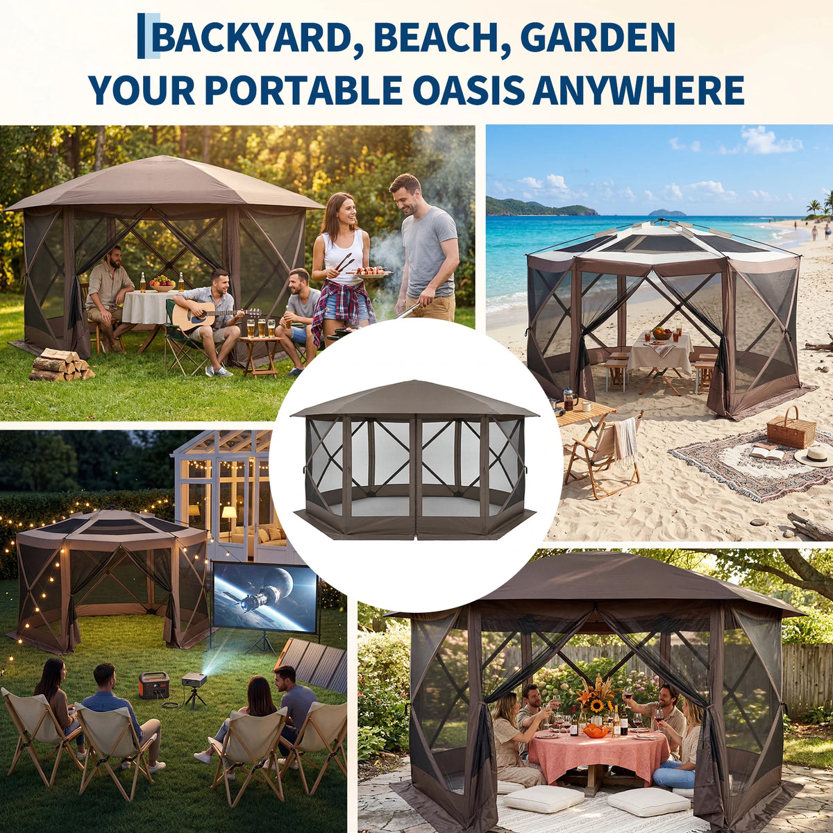 13x13FT 6-Sided Outdoor Canopy with Removable Wind Cloth and Carry Bag - Bite-Proof Mesh Patio Shelter for Backyard, Patio, Camping - Beige & Khaki / Green & Light Grey