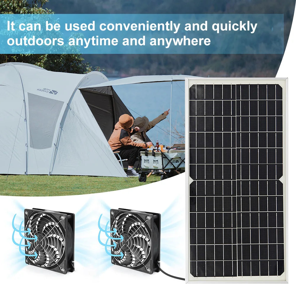 Solar Powered Exhaust Fan Kit Dual Fans Solar Panel Ventilation System Waterproof Low Noise Air Circulation Cooler for Chicken Coop Greenhouse Shed Pet House Outdoor Camping