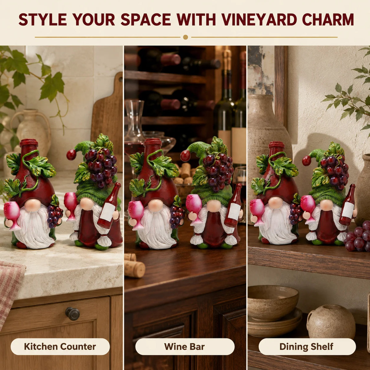Hodao Wine Lover Gnome Statue Pair, Resin Figurines with Burgundy Bottle Hat, Green Grape Cap, Pink Goblets, Leaf Accents and White Beards, Whimsical Collectible Home Bar Decor for Kitchen Countertop, Winery Shelf, Hostess, B