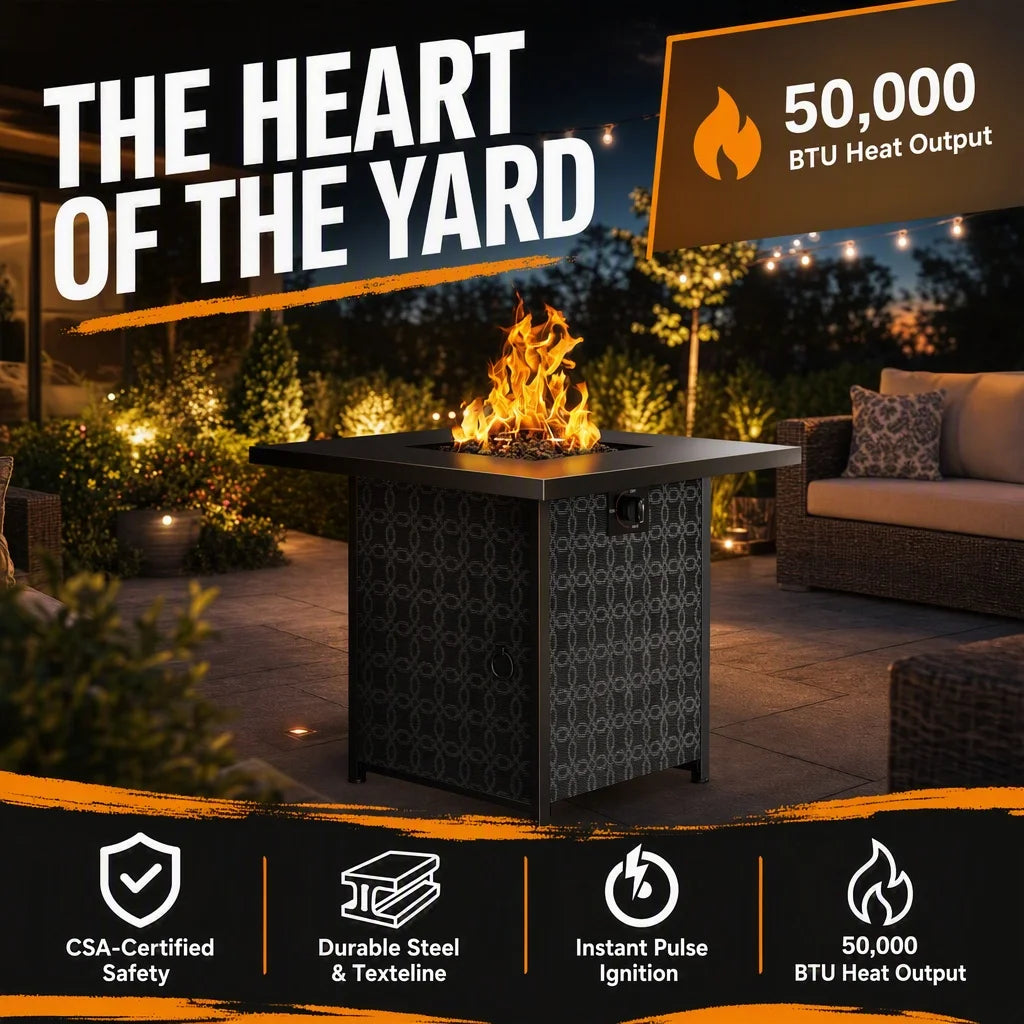 28 Inch Round Propane Fire Pit Table, 50,000 BTU CSA‑Certified Outdoor Gas Fire Pit with Removable Lid & Lava Rocks, 2‑in‑1 Fire Table for Patio Backyard Garden Party