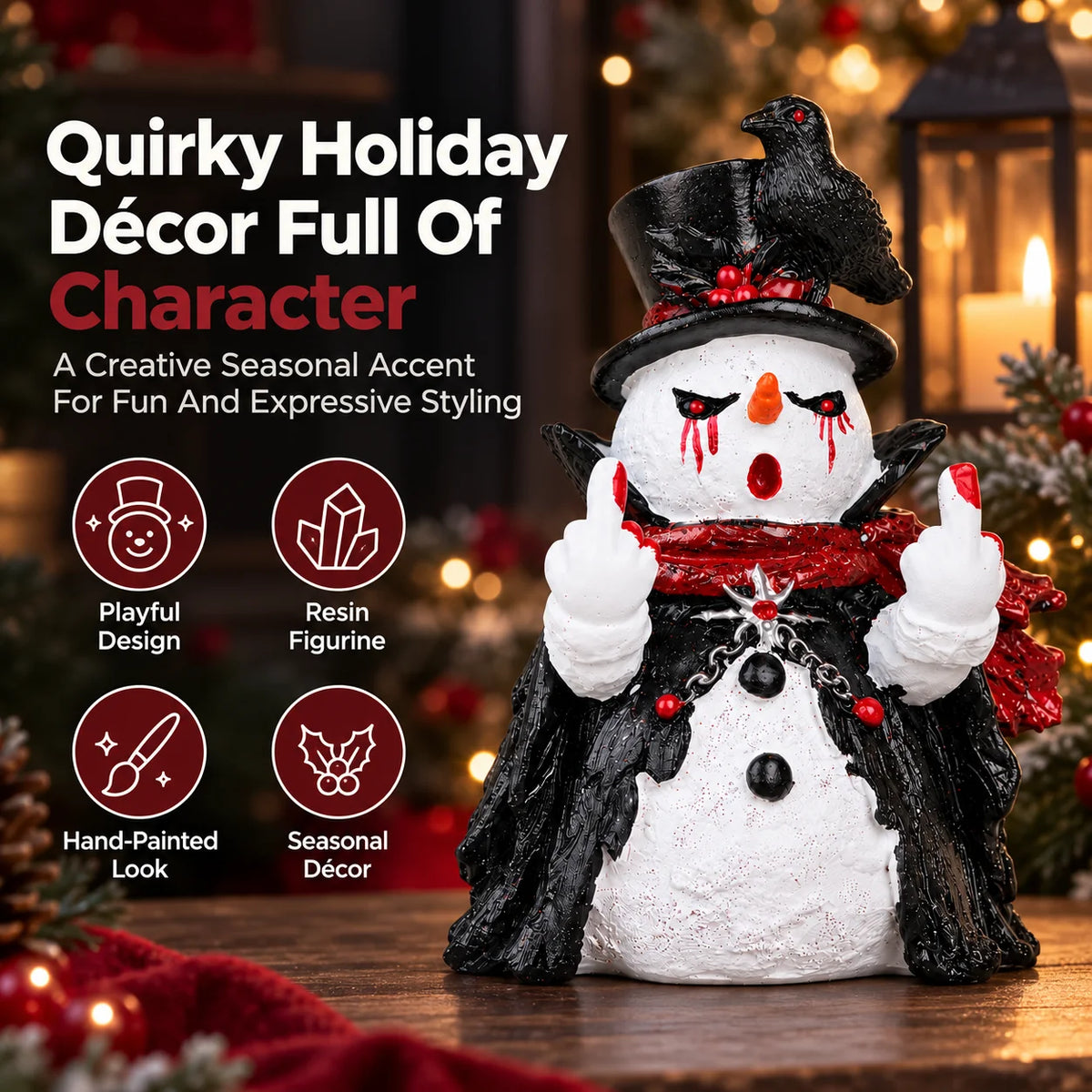 Hodao Gothic Christmas Snowman Figurine, Cute Funny Resin Statue with Black Raven, Top Hat Red Scarf and Cloak, Collectible Halloween Tabletop Decor for Shelf Mantel Office Desk Entryway Bedroom, Winter Holiday Party Display,