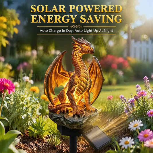 Solar Dragon Garden Light 25cm Resin Golden Accents Auto-On Dusk Sensor Statue Lamp Weatherproof For Patio