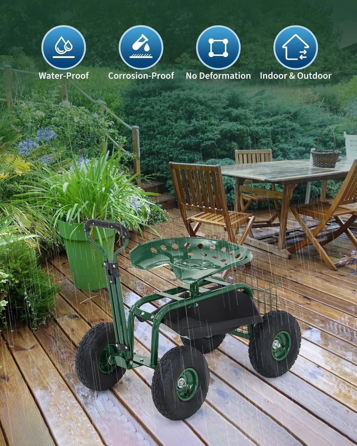 Rolling Garden Cart with Seat Garden Workseat with 360-Degree Swivel Height Adjustable Rolling Garden Stool Extendable Handle for Lawn Patio
