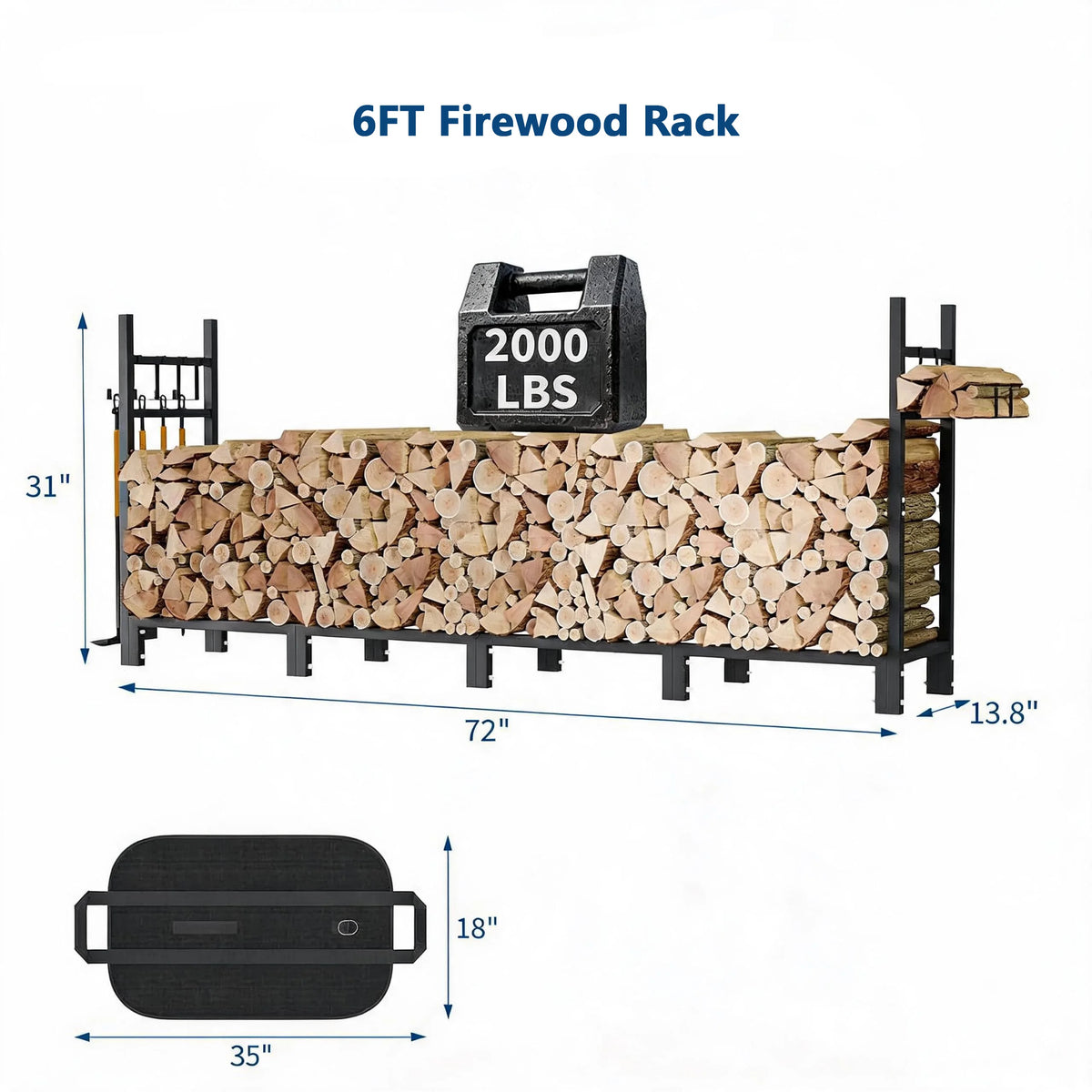 3/4/6/9FT Firewood Rack, 1200/1600/2000/3200 LBS Log Holder With Carrier Bag & Hooks, Indoor Outdoor Wood Storage For Fireplace