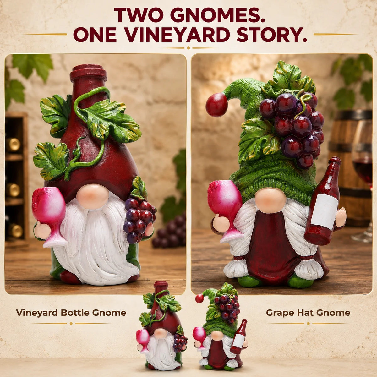Hodao Wine Lover Gnome Statue Pair, Resin Figurines with Burgundy Bottle Hat, Green Grape Cap, Pink Goblets, Leaf Accents and White Beards, Whimsical Collectible Home Bar Decor for Kitchen Countertop, Winery Shelf, Hostess, B