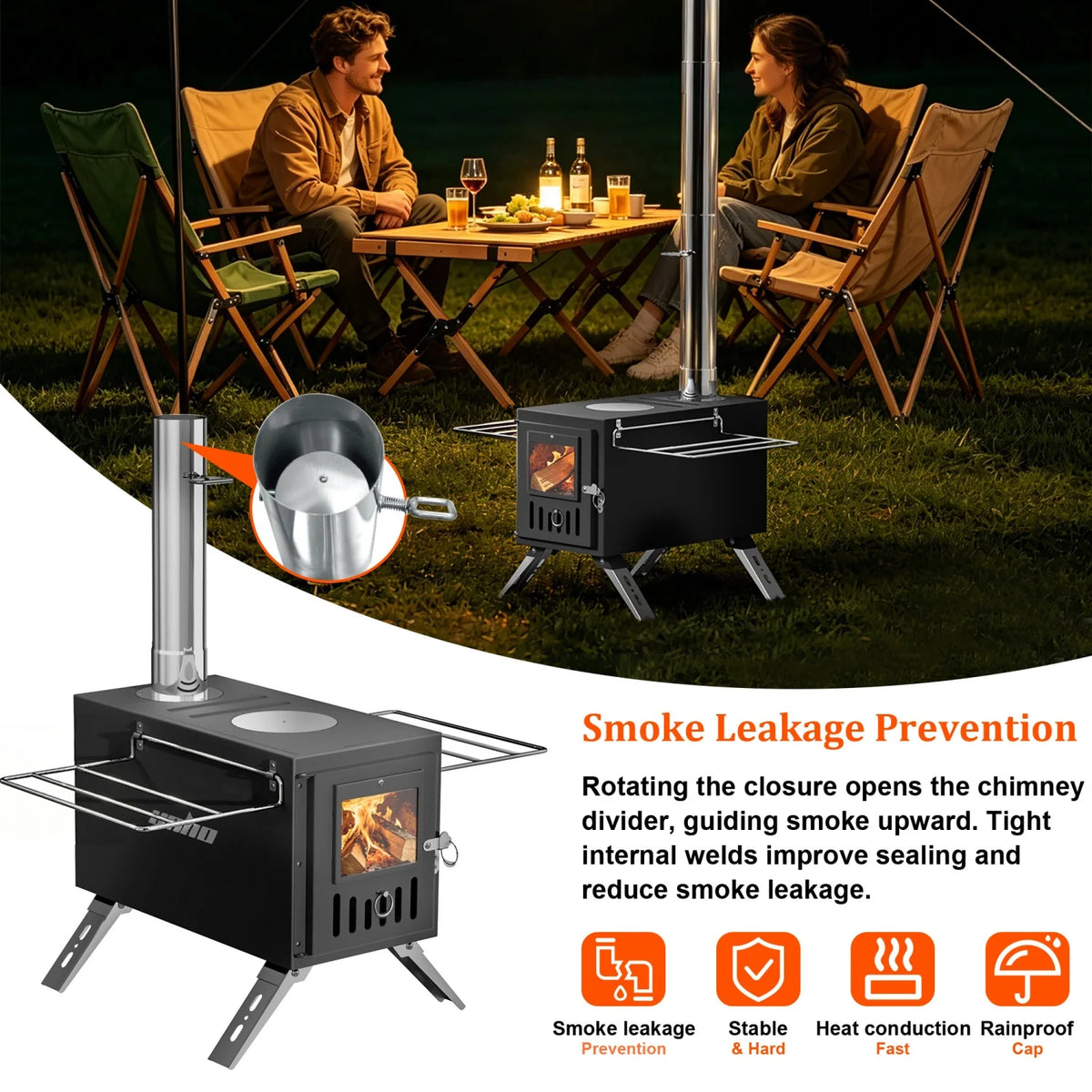 2 in 1 Portable Stainless Steel Hot Tent Stove Wood Burning Stove with 7 Chimney Pipes  for Outdoor Heating & Cooking Sauna Heater