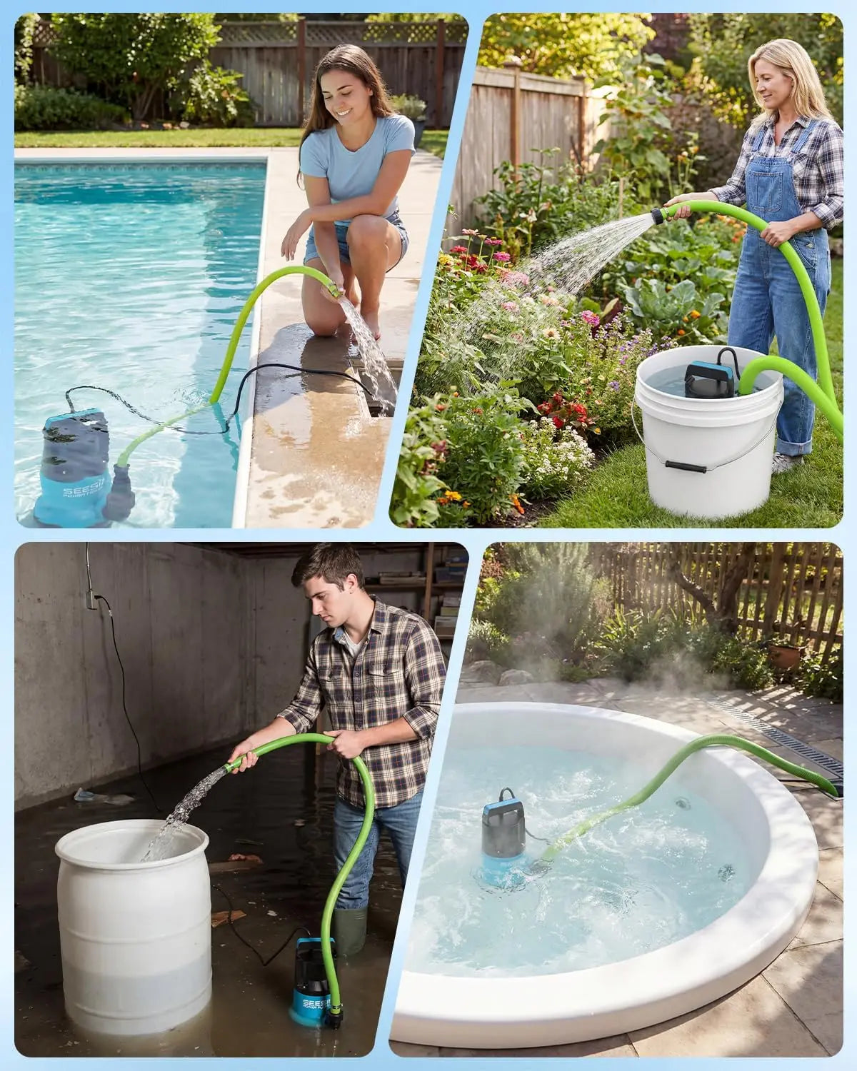 SEESII 1HP Submersible Water Pump Sump Pump for Swimming Pool 4755 GPH High Flow With 23ft Hose Anti-Clogging Filter Bag,Hot Tub, Pond, Flooded Basement, Rooftop, Garden Water Removal