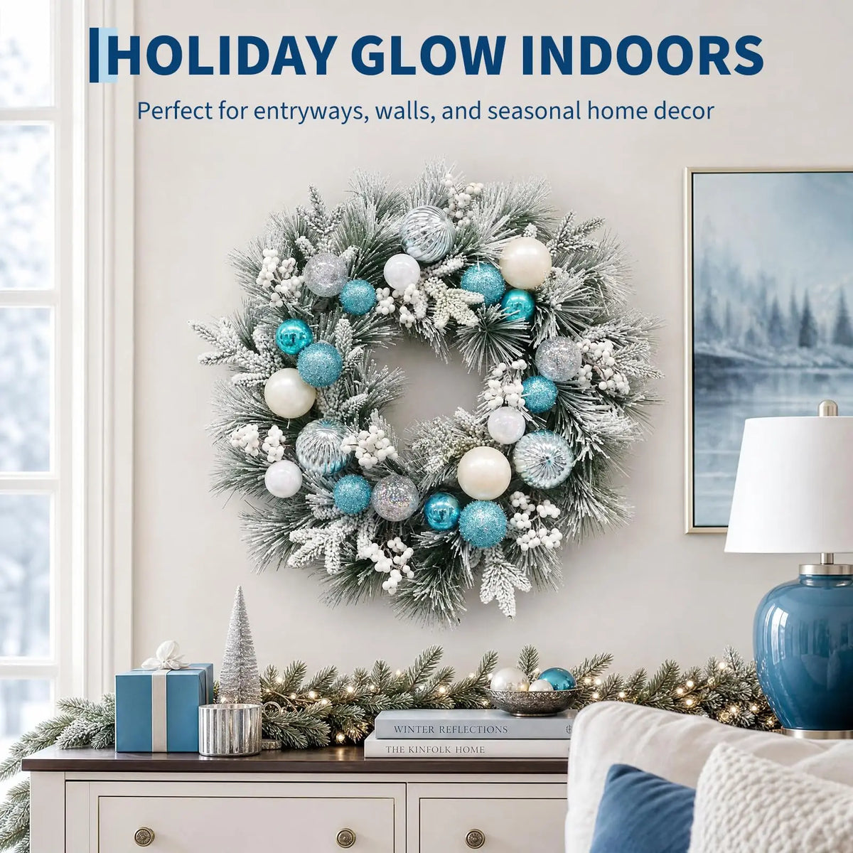 24 Inch Flocked Blue Christmas Wreath For Front Door, 20 Warm LED Lights, 8 Modes & Timer, Battery Operated, Snowy Pine & White Berries