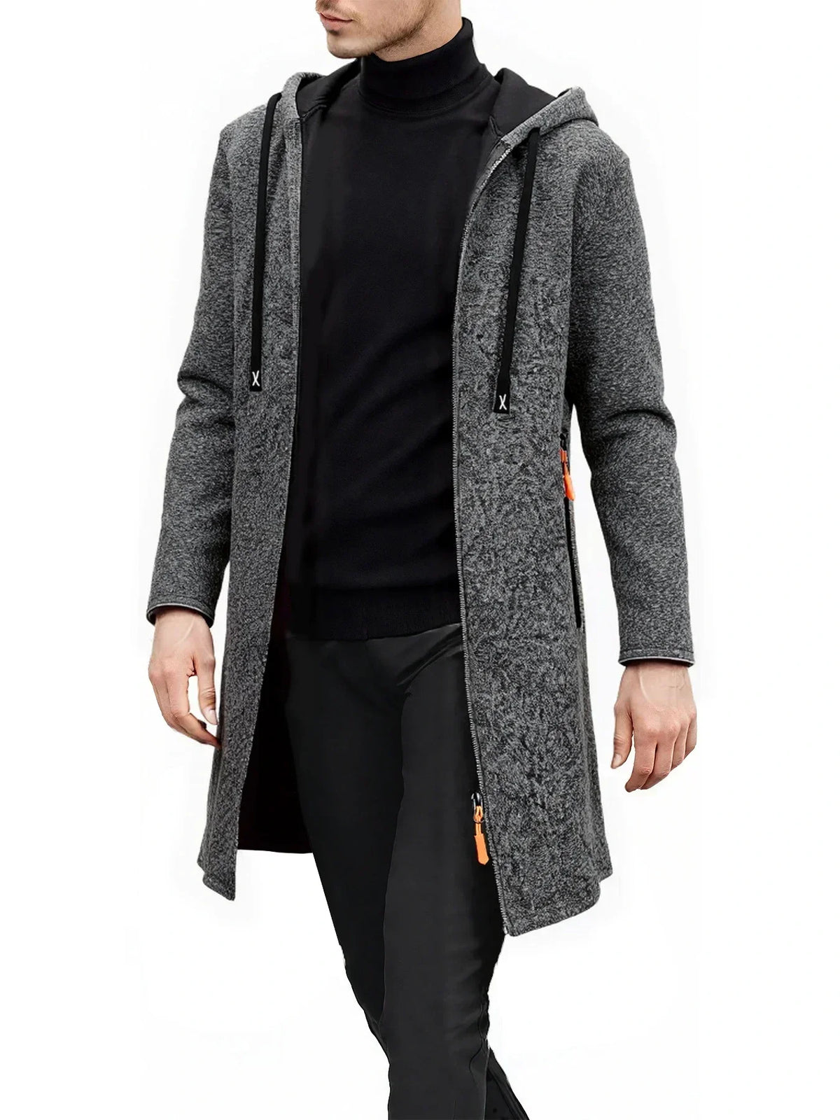 2Pcs Set Men Mid-Length Full Zip Hooded Jacket Fleece Lined Warm Coat with Drawstring Hood & Zipper Pockets Casual Outerwear for Fall Winter Daily Wear