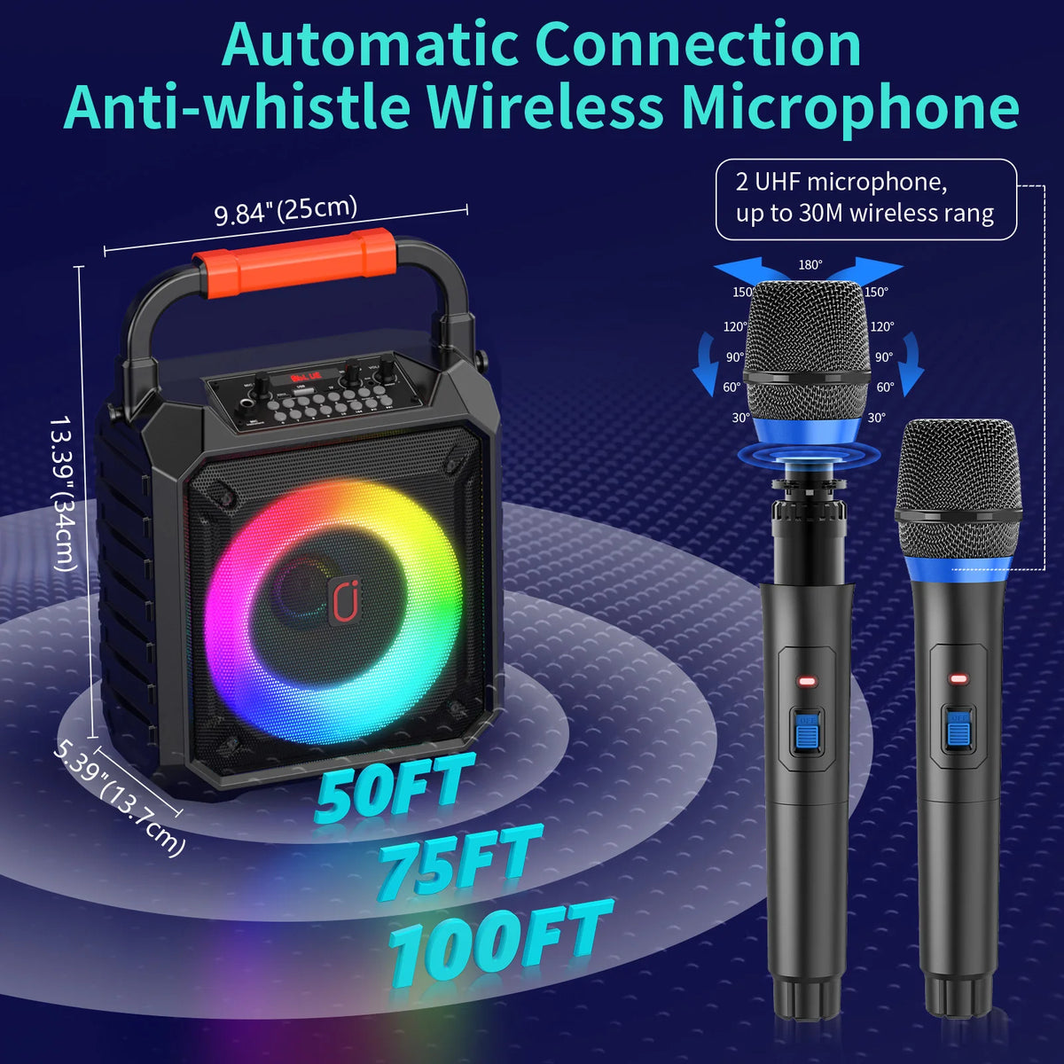 T17-T Wireless Bluetooth Speaker, Karaoke Machine with 2 Microphone, Home Karaoke System with LED Party Light