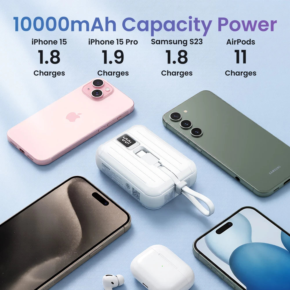 PISEN 22.5W Mini Portable 10000mAh Power Bank Built-in Dual Cables Type-C&Lightning Multi-Port Fast Charging 3 Device Simultaneous Charg With LED Display