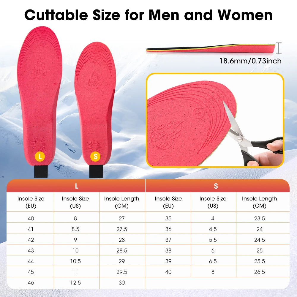 Cordless Heated Insoles APP Control Electric Foot Warming Pad for Winter Outdoor Ski Adjustable Temperature Feet Heater Shoe Pad for Women Men 3000mAh Wireless