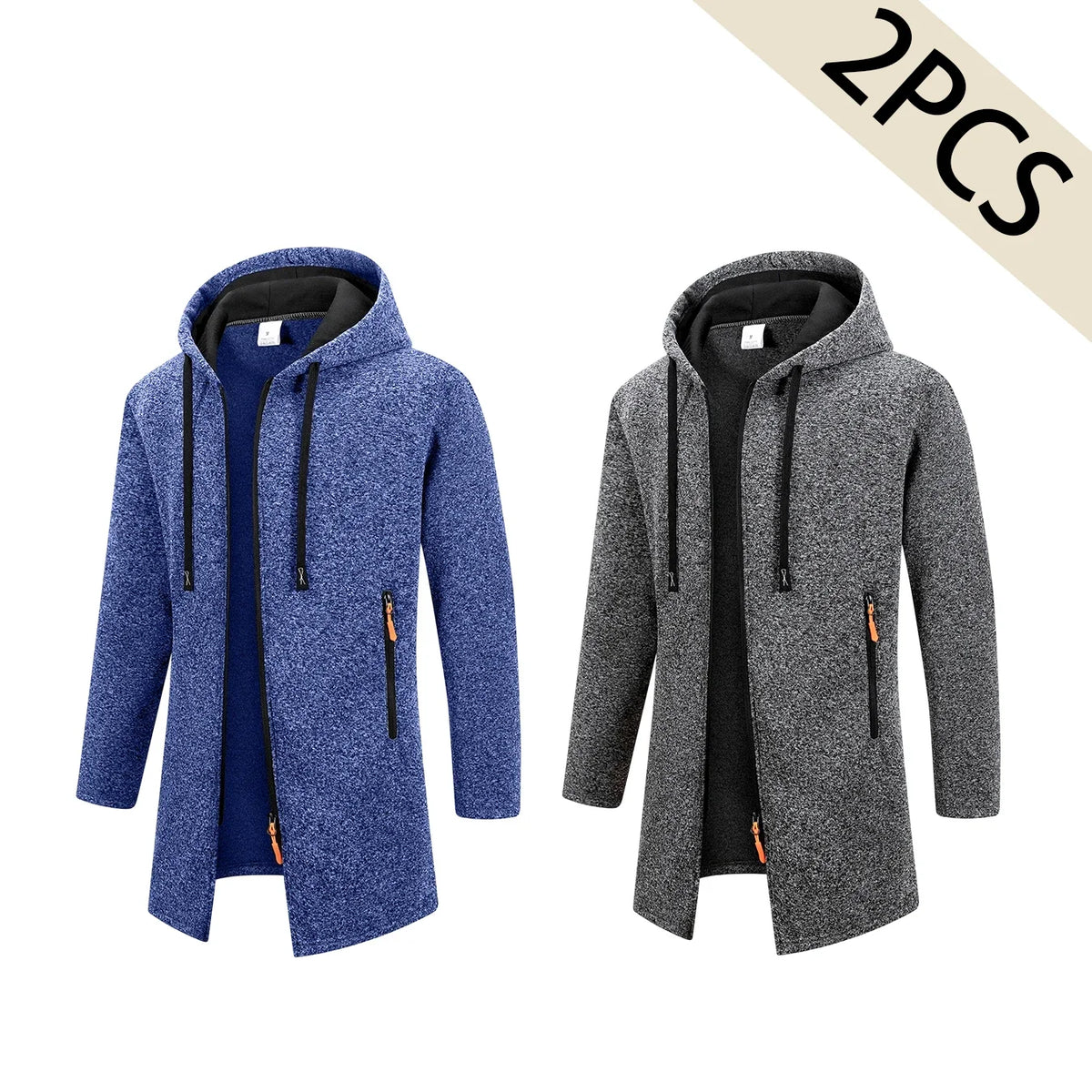 2Pcs Set Men Mid-Length Full Zip Hooded Jacket Fleece Lined Warm Coat with Drawstring Hood & Zipper Pockets Casual Outerwear for Fall Winter Daily Wear