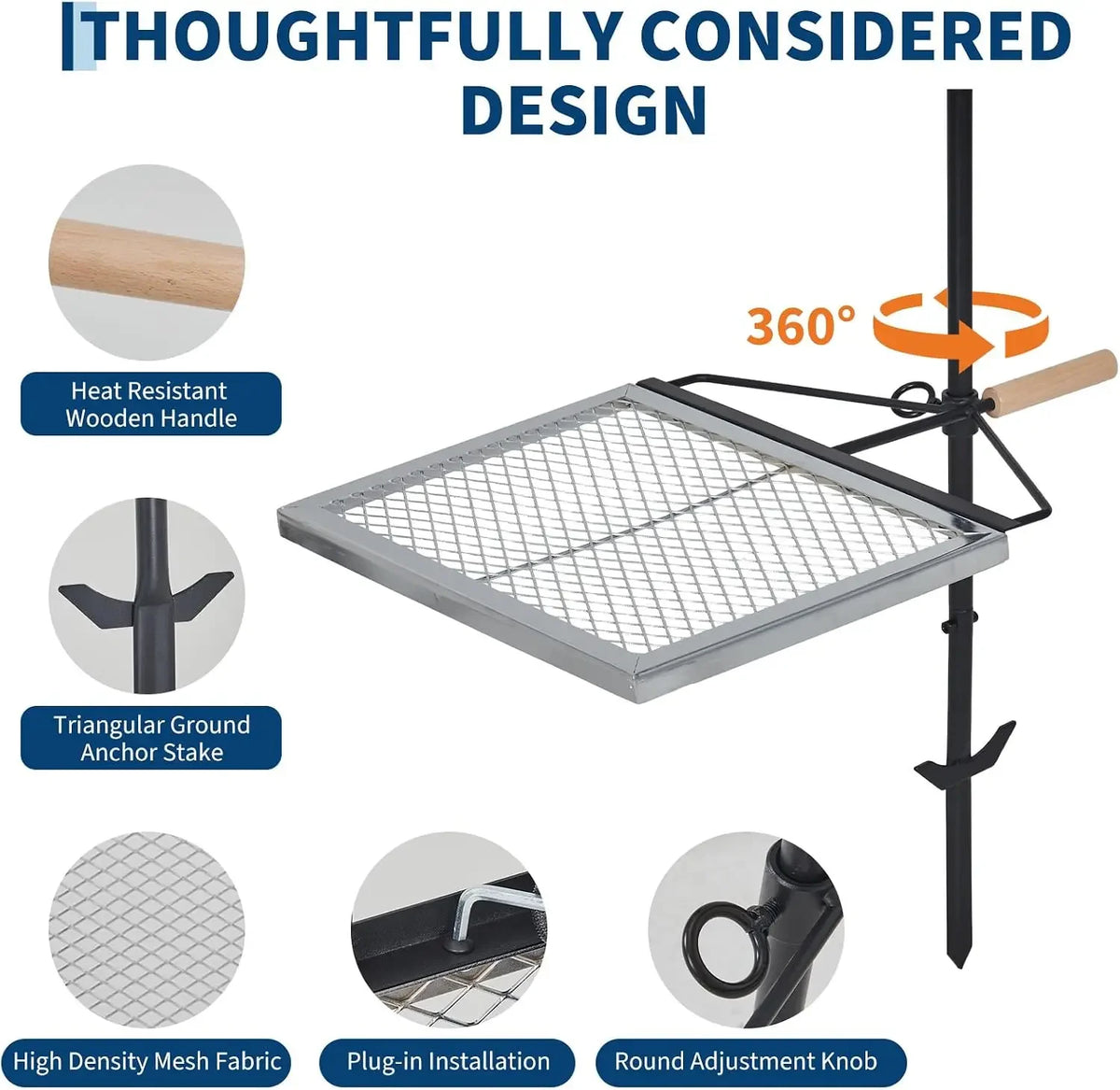 Tacleekii Swivel Campfire Grill 16 X 13 in  Adjustable Diamond Mesh Cooking Surface Detachable Pole Design, Storage Bag, for Fire Pits, Camping, Picnics and Outdoor Cooking
