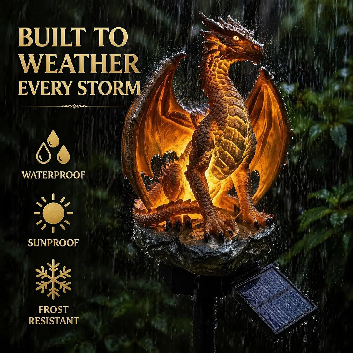 Solar Dragon Garden Light 25cm Resin Golden Accents Auto-On Dusk Sensor Statue Lamp Weatherproof For Patio