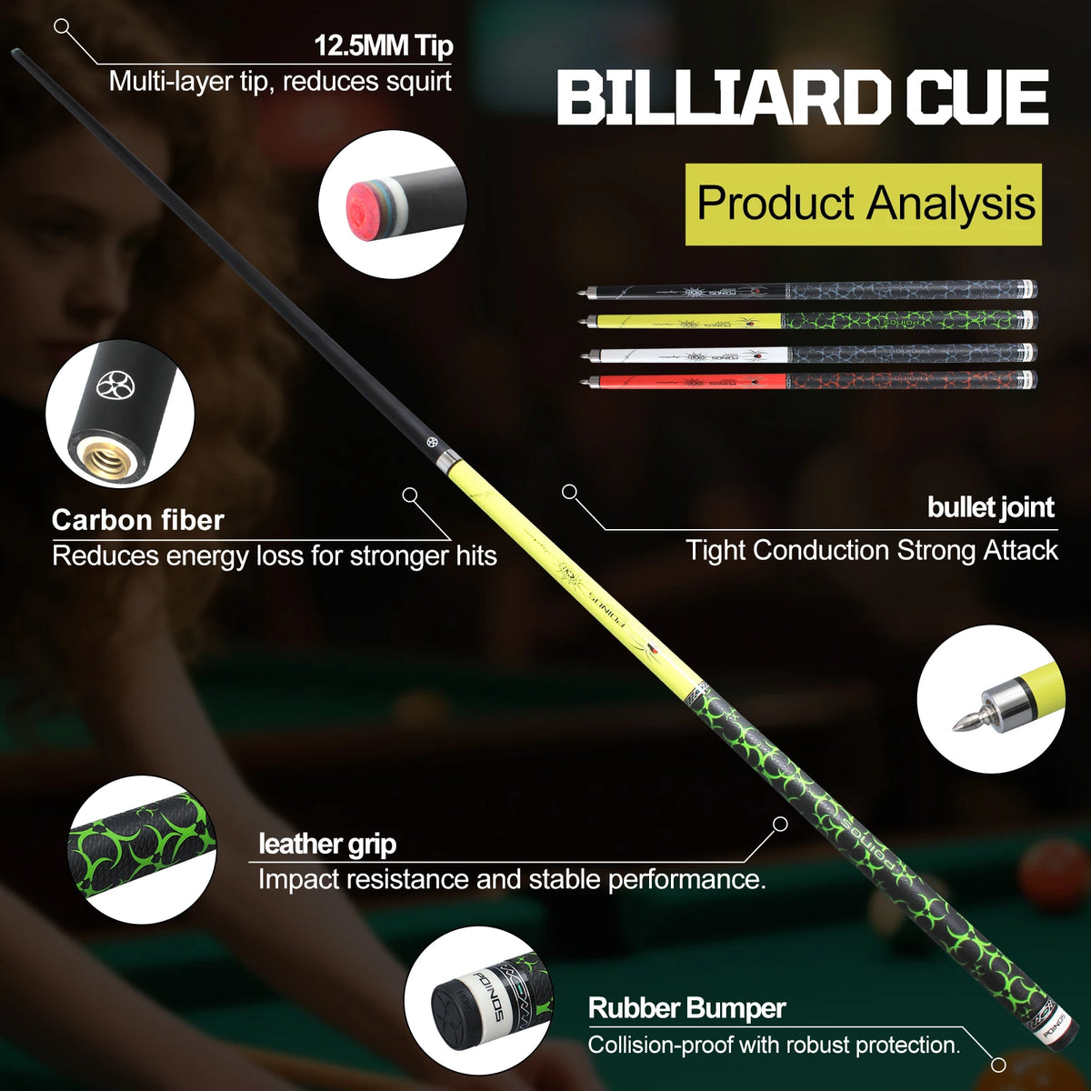 POINOS-R Series Carbon Fiber Pool Cue, 12.5mm Multi-layer Tip with Bullet Joint, Solid Wood Butt with Anti-Slip and Sweat Absorbing Grip, XTC Ferrule, Professional Pool Cue Sticks