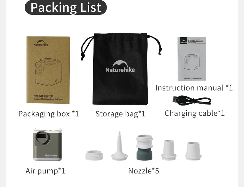 Naturehike Wind-air Pump 2400mAh USB-C Rechargeable Mini Air Pump with Light Portable Electric Air Pump for Air Mattresses Inflator/Deflator Pump