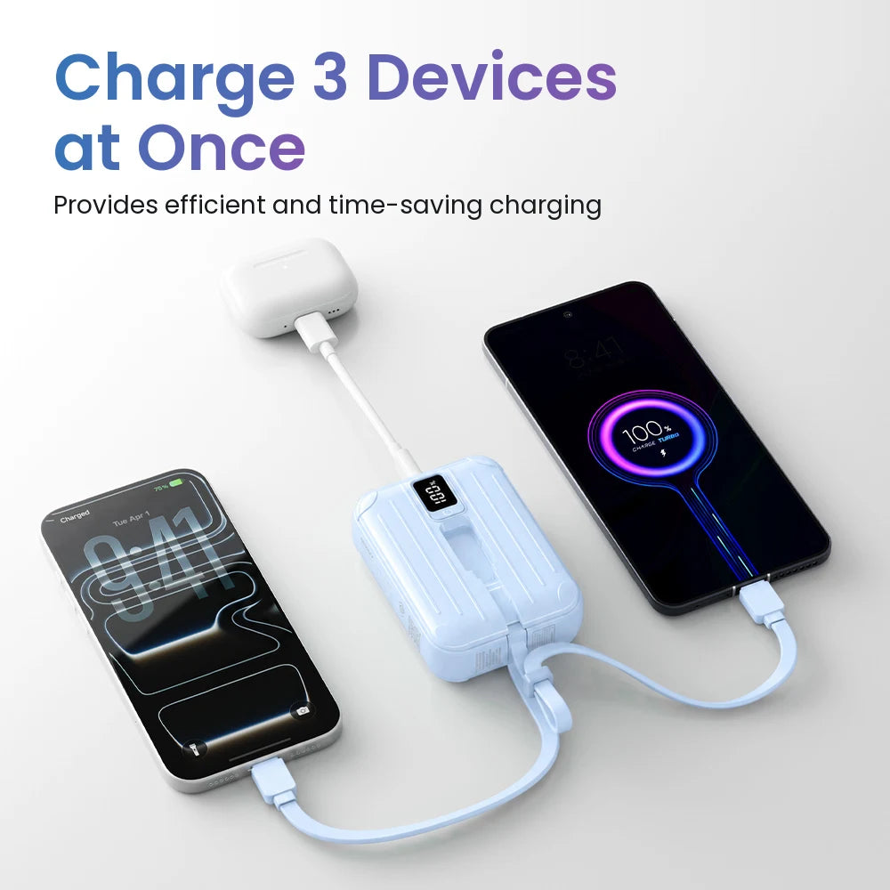 PISEN 22.5W Mini Portable 10000mAh Power Bank Built-in Dual Cables Type-C&Lightning Multi-Port Fast Charging 3 Device Simultaneous Charg With LED Display