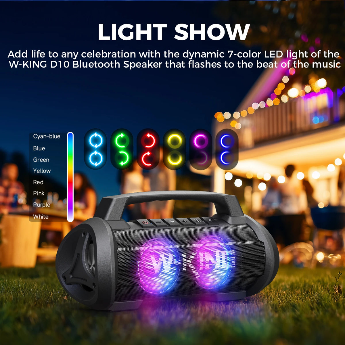 W-KING D10 120W MAX Bluetooth Speaker, IPX6 Waterproof Portable Music Box Wireless with 70W Deep Bass/Hi-Fi Audio/42H Play/LED Lights/MAC-in/Power Bank/TF/AUX, Outdoor Loud Big Boombox for Travel, Party, Home