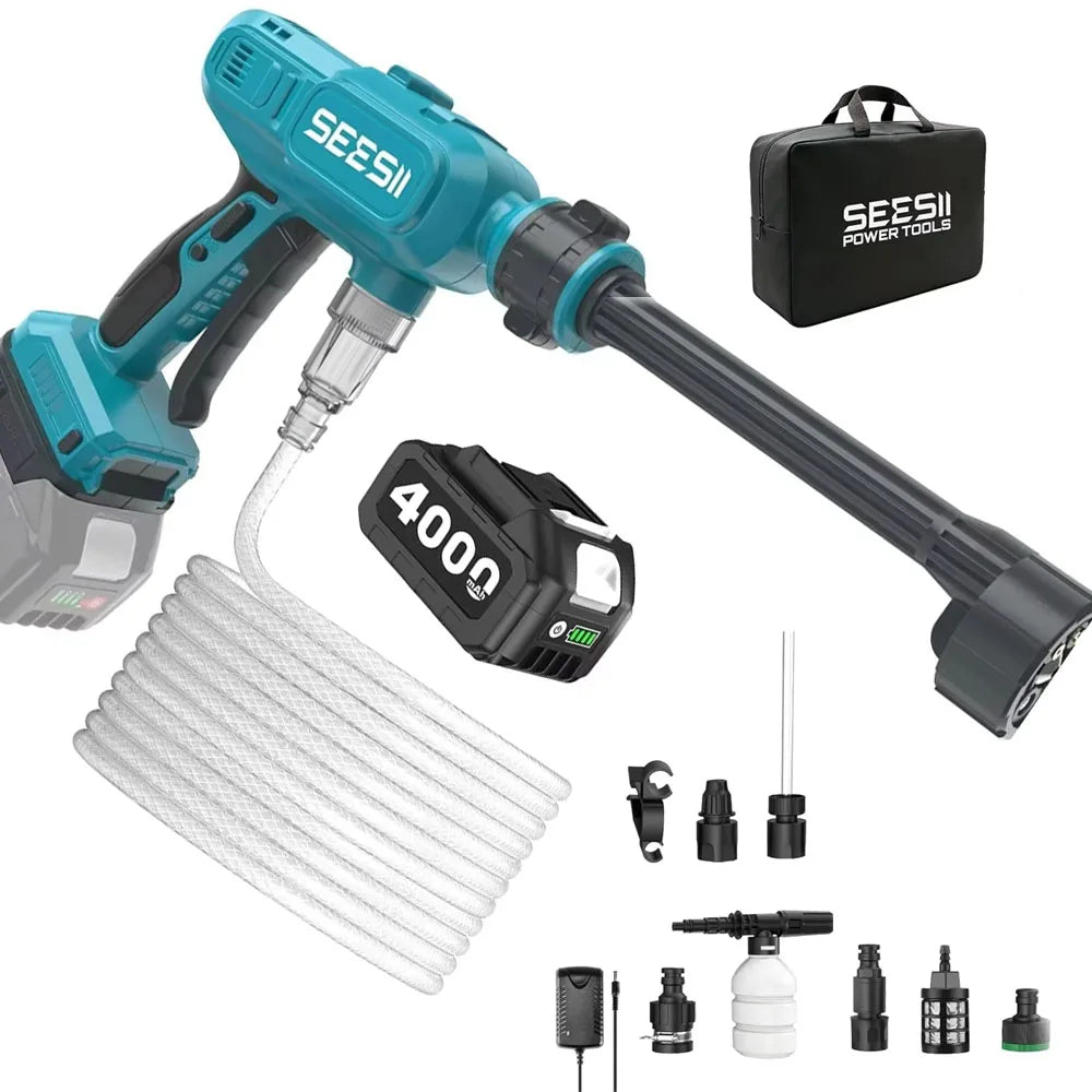 SEESII Electric Cordless High Pressure Car Wash Gun Washer Supplies Foam Generator Spray Cleaner Car Wash Cleaning Machine Handheld Power Cleaner for Makita 18V Battery Pin