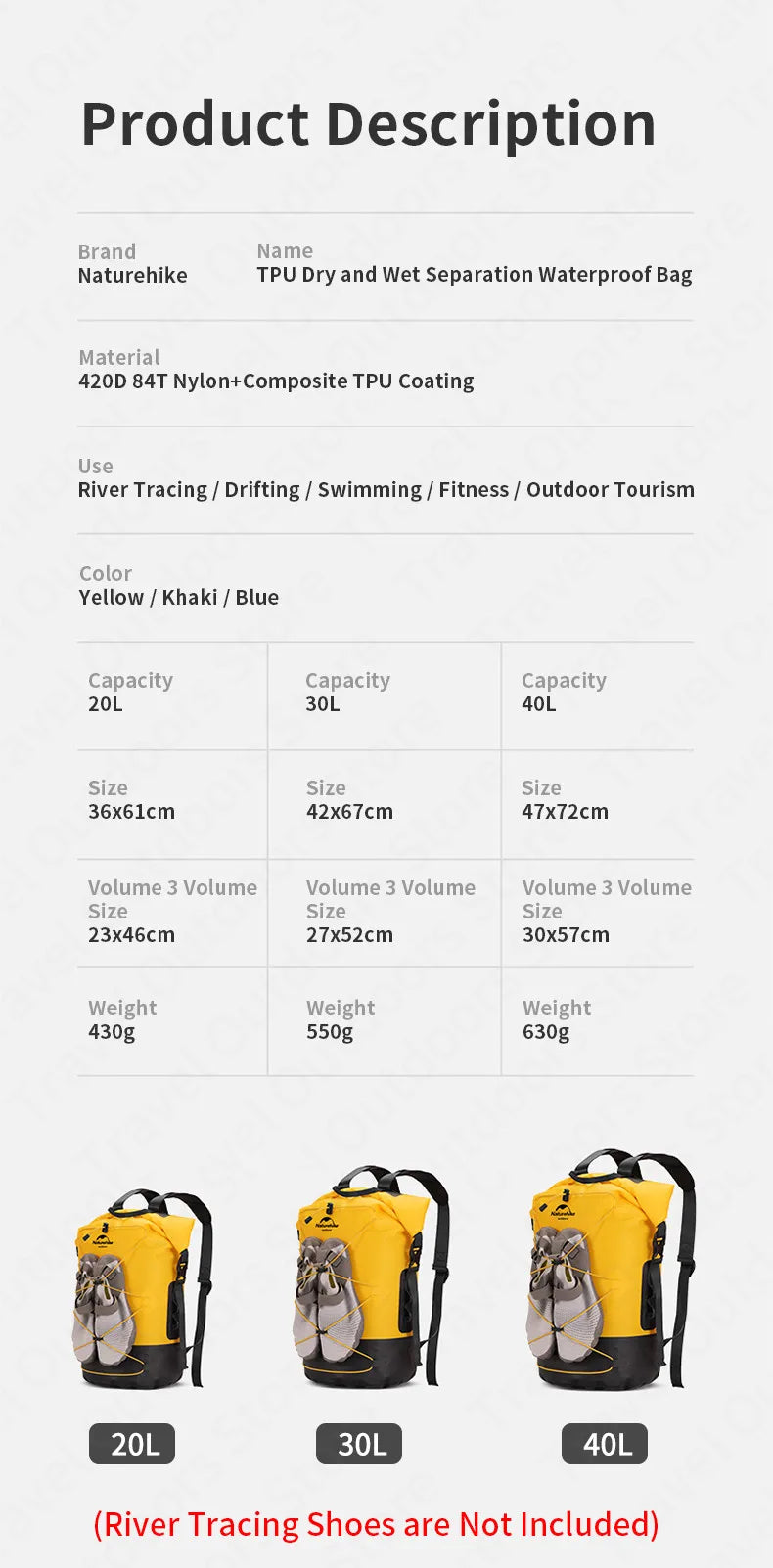 Naturehike Waterproof Backpack TPU Dry Wet Separation 20L/30L/40L High Capacity Wear Resistant Outdoor Water Sport Travel Bag