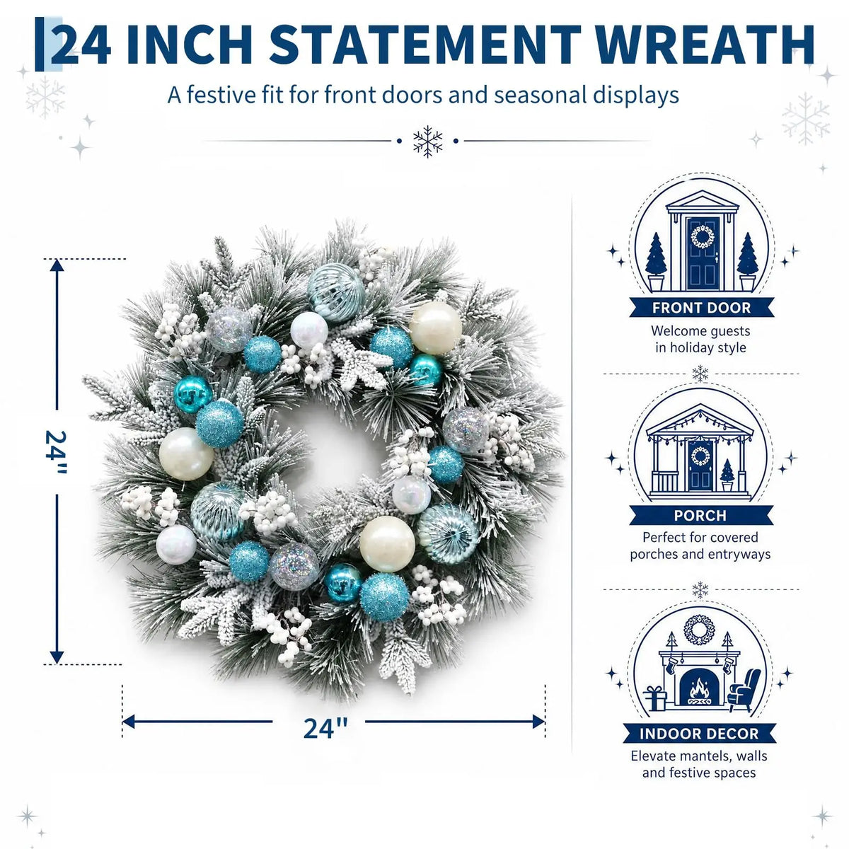 24 Inch Flocked Blue Christmas Wreath For Front Door, 20 Warm LED Lights, 8 Modes & Timer, Battery Operated, Snowy Pine & White Berries