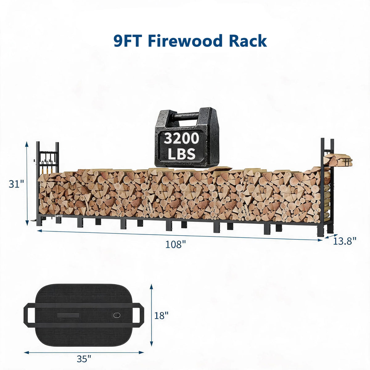 3/4/6/9FT Firewood Rack, 1200/1600/2000/3200 LBS Log Holder With Carrier Bag & Hooks, Indoor Outdoor Wood Storage For Fireplace