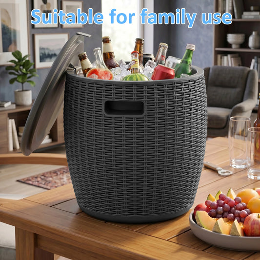 Round Rattan Look Resin Ice Bucket with Lid, Weatherproof Outdoor Storage Side Table for Patio Pool Backyard Drinks