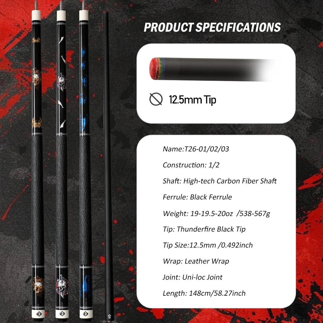 Carbon Fiber Pool Cue Pro Taper Low Deflection Shaft 12.5mm Tip | 58 inch Billiard Stick, 19.5oz Adjustable Weight, Carbon Fiber Shaft, Professional Adult Cue,Shark-Print Leather Wrap with Towel