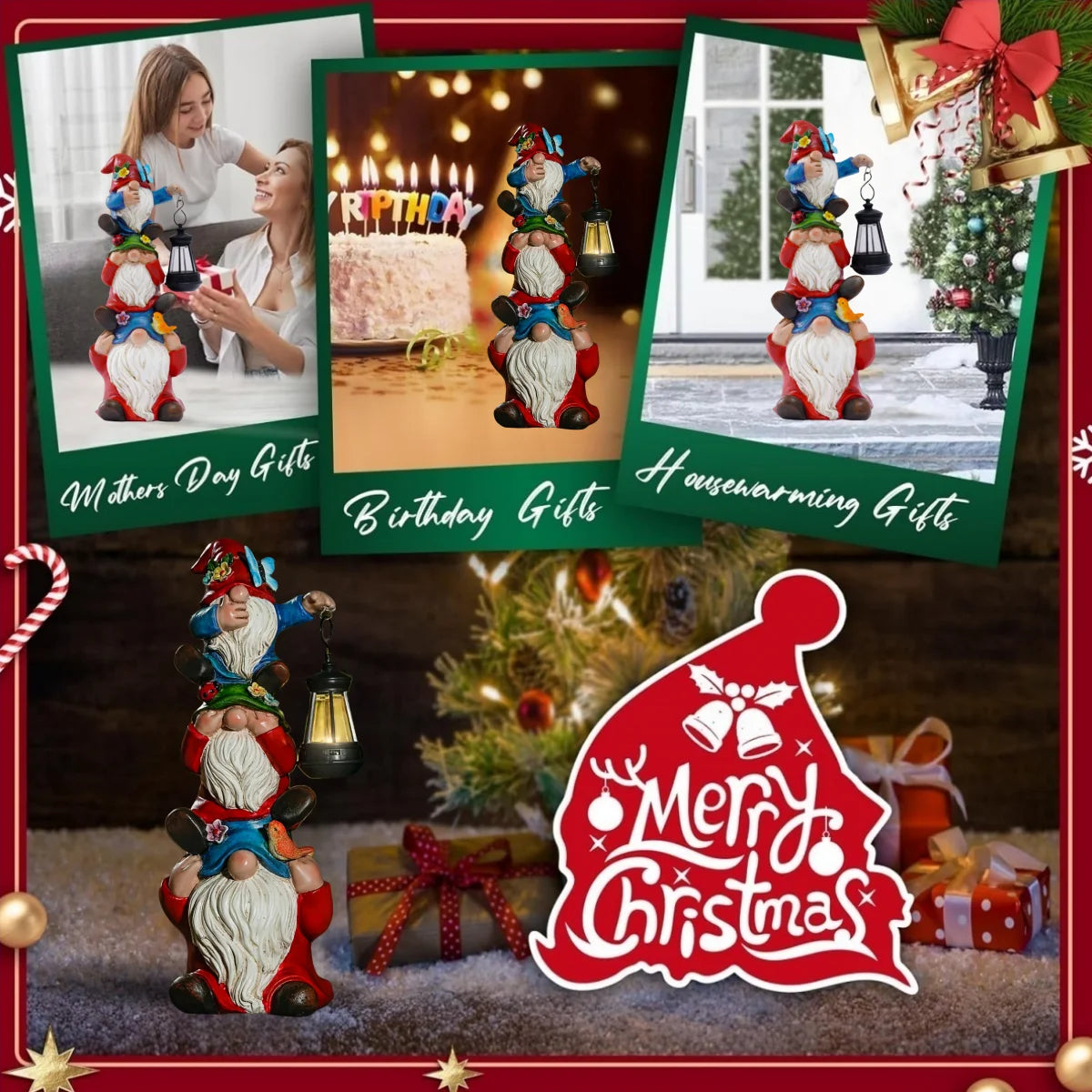 Christmas Outdoor Garden Solar Statue Lights Resin Triple Stack Elf Gnome Statues Funny Outdoor Decor for Patio Lawn Yard