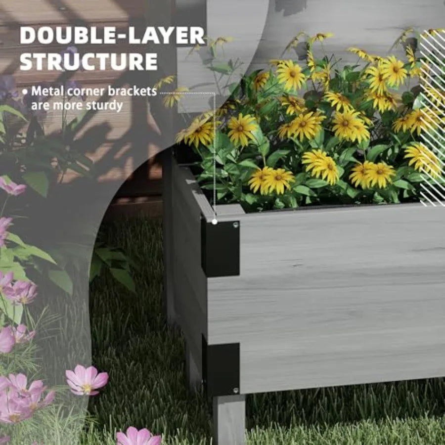 Raised Garden Bed with Trellis 2 Tier Wooden Elevated Planter Box with Legs and Metal Corners for Vegetables Flowers Herbs Gray