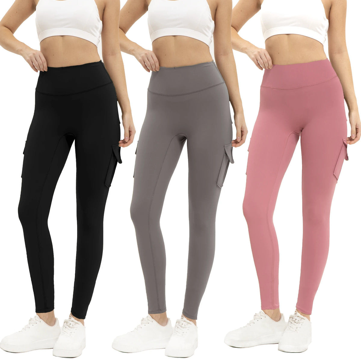 3PCS Women's High-Waisted Solid Color Gym Leggings with Practical Pocket Stretch Fitness Yoga Pants Cargo Style for Outdoors Sports