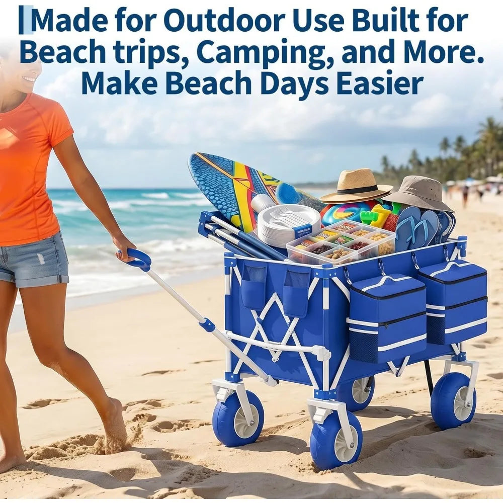 Heavy Duty Beach Wagon Cart 460 Lbs Capacity 9" All-Terrain Wheels Foldable Cart with Adjustable Handle 600D Oxford Fabric for Sand Camping Sports Garden