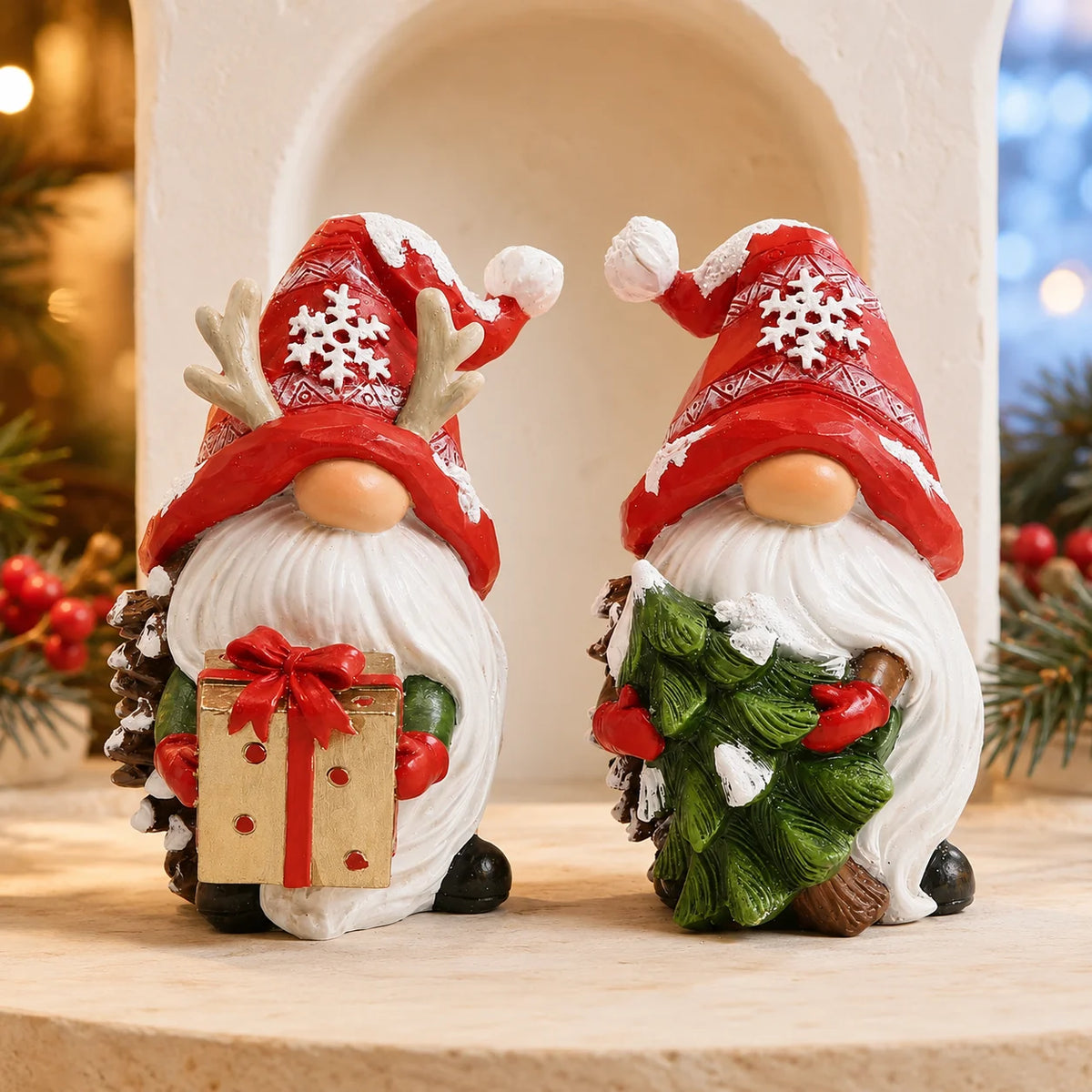 HODAO Resin Christmas Gnome Figurine Set, 2-Piece Nordic Tomte Pinecone Gnomes with Red Snowflake Hats, Reindeer Antlers, White Beards, Gift Box and Christmas Tree, Collectible Winter Tabletop Shelf Fireplace Mantel Decor, Ru