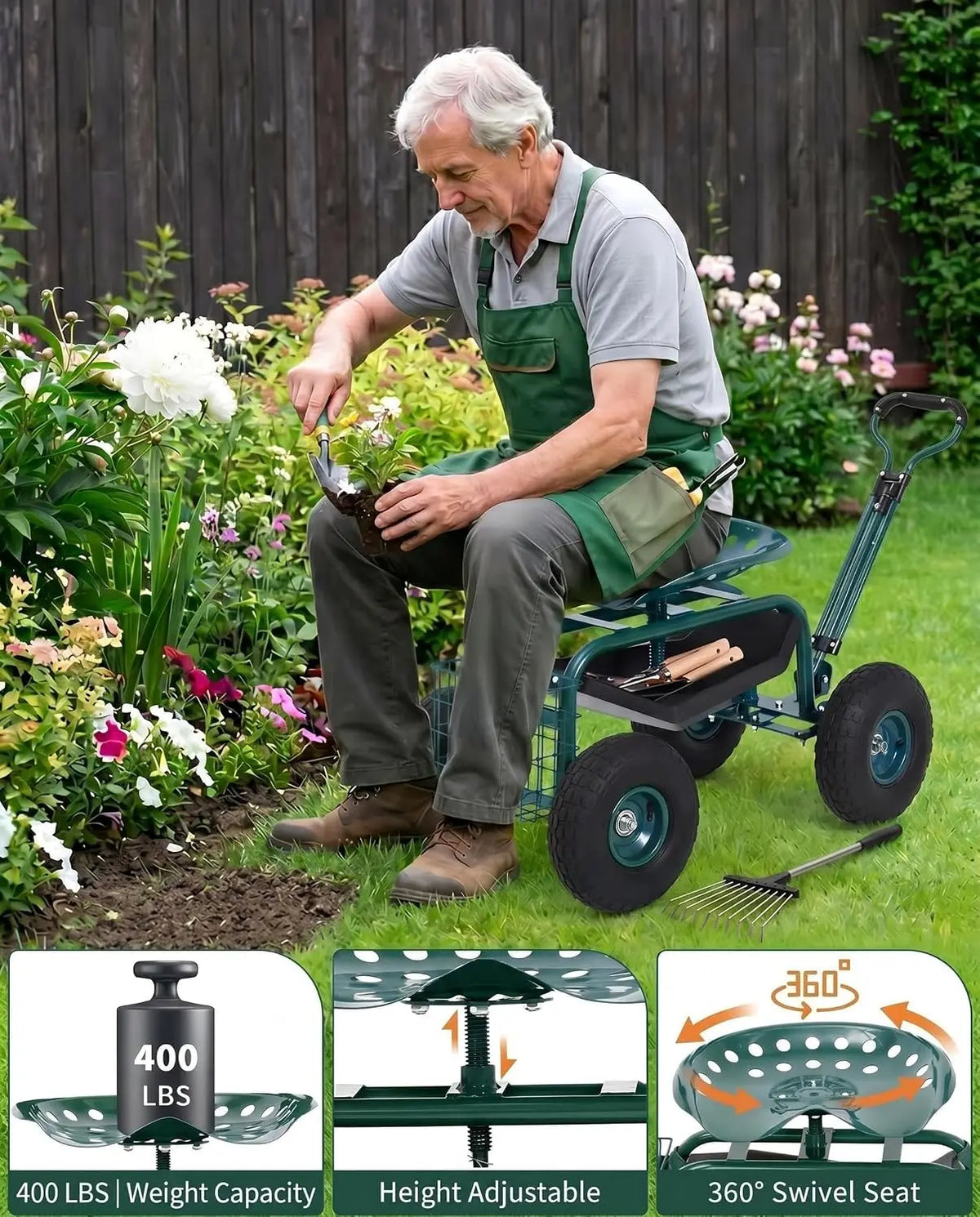Rolling Garden Cart with Seat Garden Workseat with 360-Degree Swivel Height Adjustable Rolling Garden Stool Extendable Handle for Lawn Patio