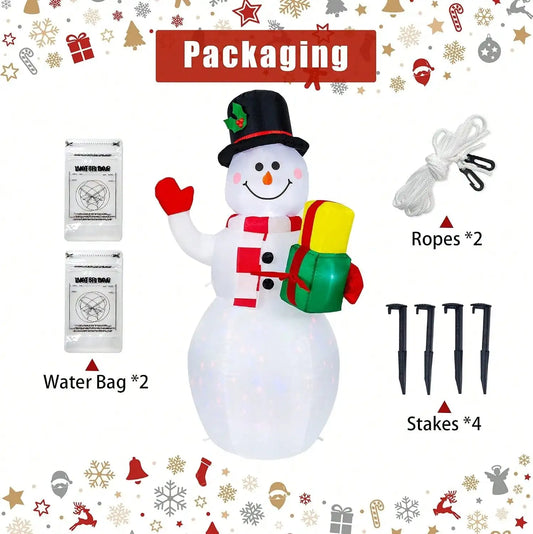 5FT Christmas Inflatable Snowman Yard Decoration, Built-in Colorful Rotating Projector Lights, Blow Up Snowman with Gift Box Top Hat Scarf, Outdoor Lawn Decor with Stakes Ropes Water Bags for Xmas Holiday