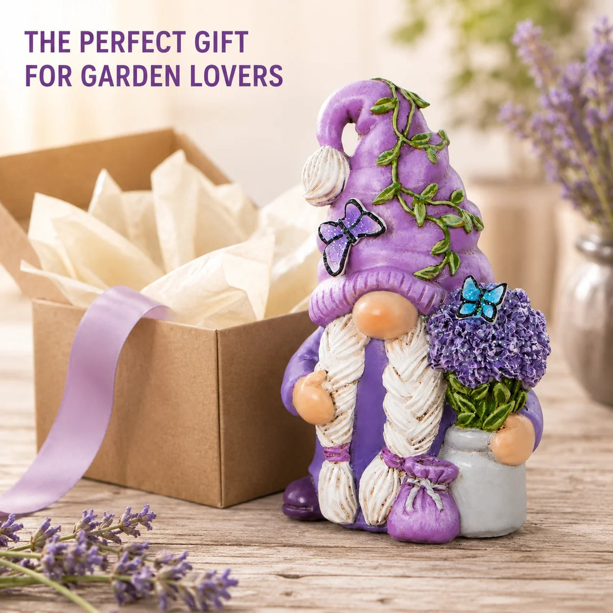 Hodao Lavender Dream Hydrangea Gnome Collectible Figurine, Resin Swedish Tomte Elf Dwarf with Braided White Hair, Butterfly Accents, Vine Hat and Potted Flowers, Spring Summer Garden Tabletop Decor for Shelf Mantel Desk Indoo