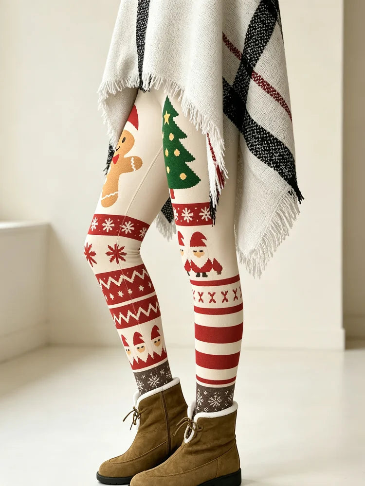 2026 New Style Women's Milk Silk Tight Pants, with a Cream-Colored Gingerbread Man Christmas Tree Pattern and a Snowflake Mosaic Print, Pure Red Tight Pants, with an Elastic High-Waist Design, Suitable for Daily Casual Wear a