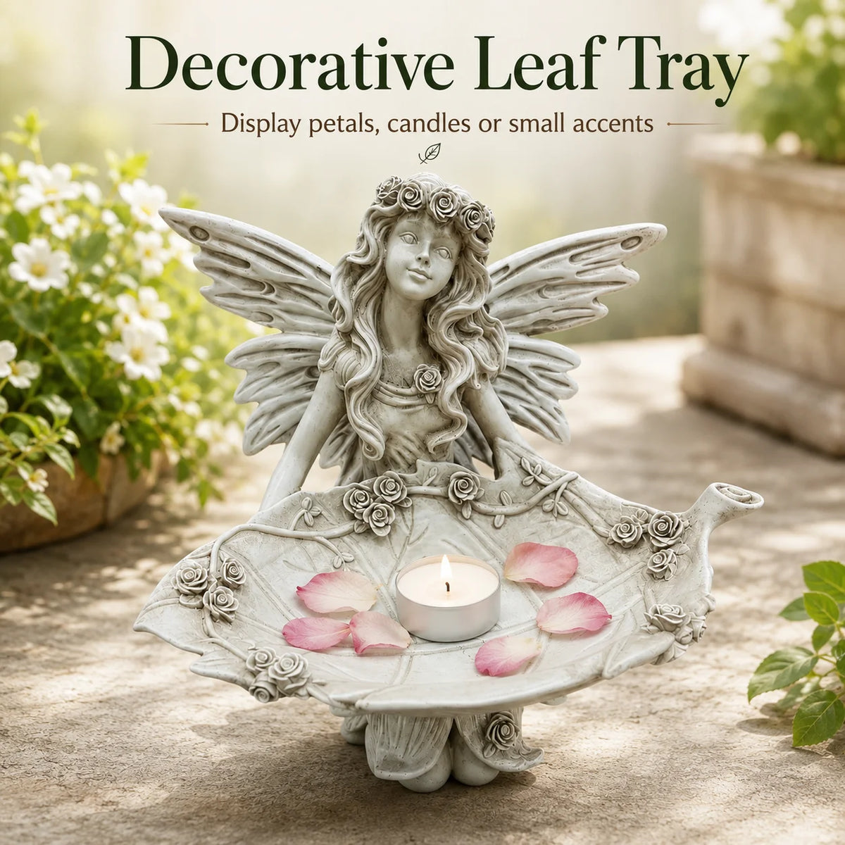 Garden Fairy Statue Bird Feeder with Leaf Tray Resin Art Figurine Outdoor Garden Patio Lawn Yard Decorative Bird Bath Ornament