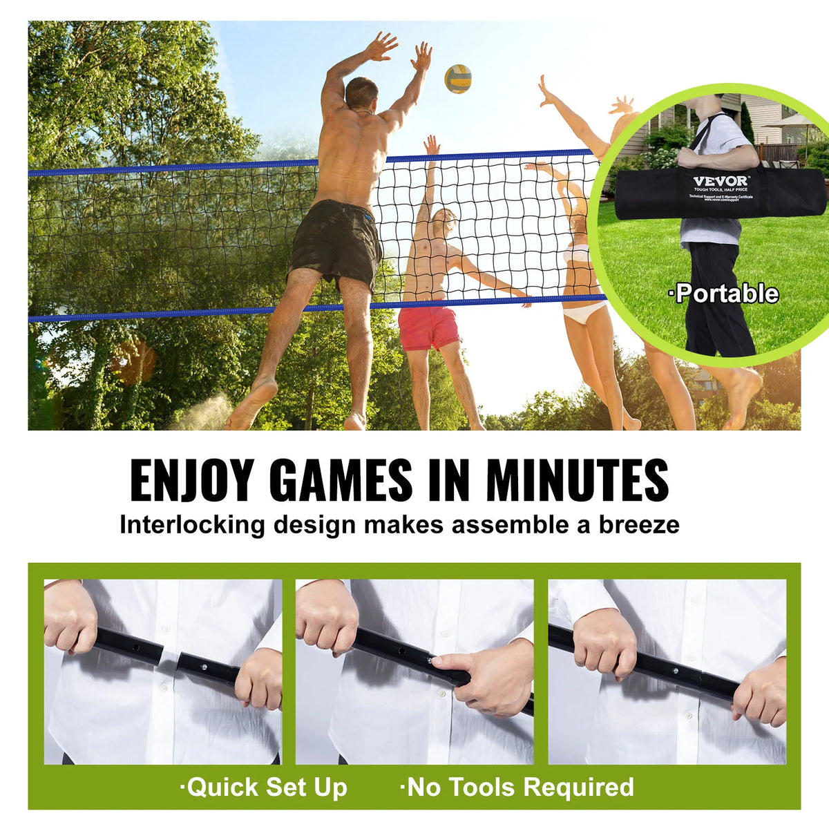 SucceBuy Outdoor Volleyball Net System Adjustable Height Steel Poles with PVC Volleyball Pump Carrying Bag for Beach Lawn
